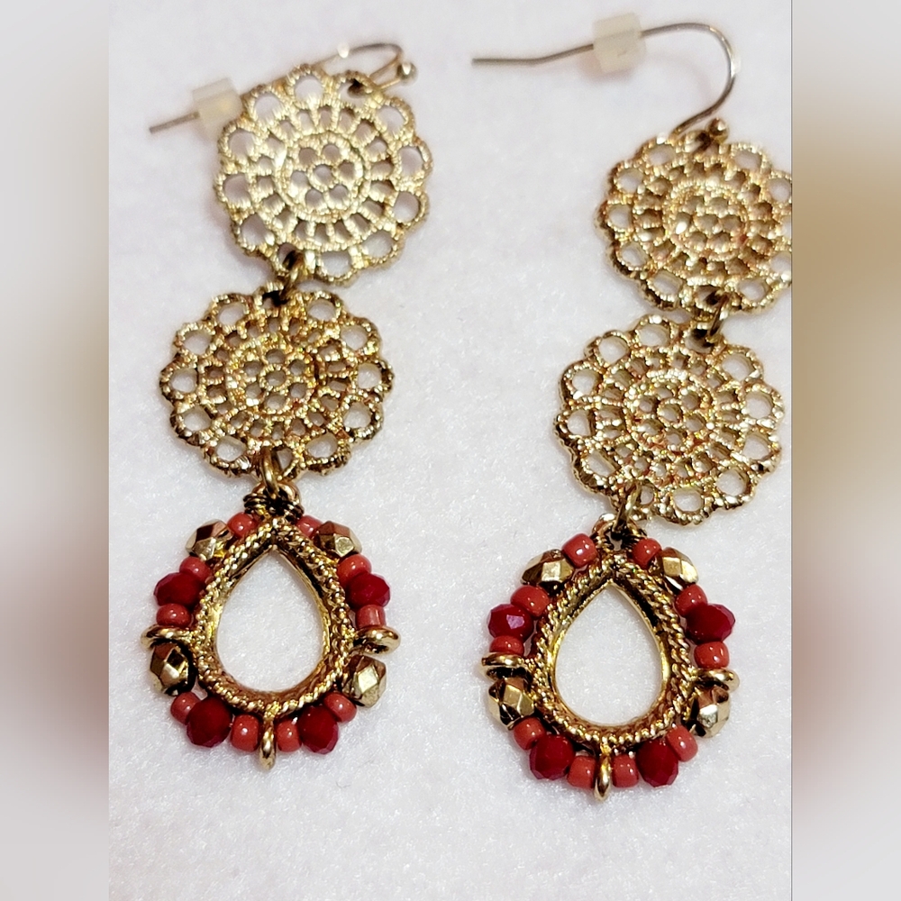 Earrings: Gold, Red & Coral, Dangle